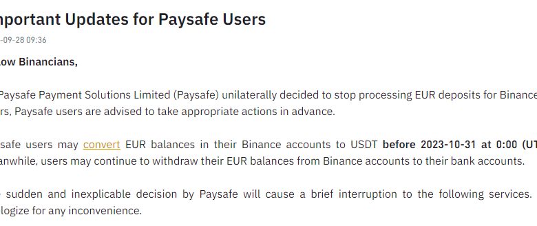 Binance urges users to convert EUR to USDT after Paysafe Bank